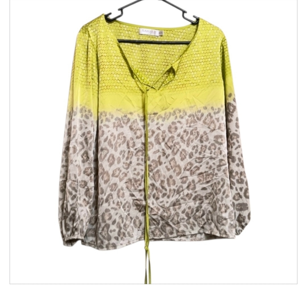 Carven Femme Yellow Brown Animal Print Satin Peasant Blouse Top
